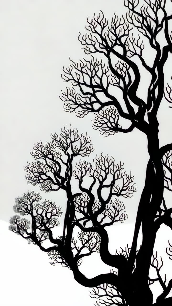 Stylized Silhouettes of Bare Trees Against a White Background