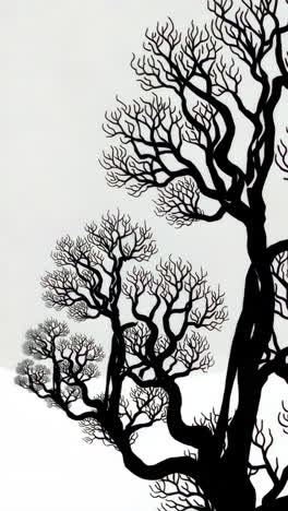 stylized silhouettes of bare trees against a white background