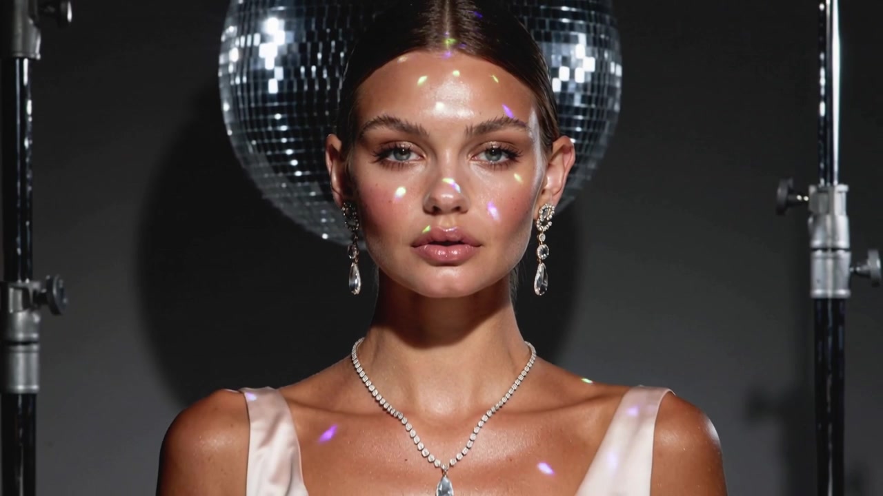 Camera pulling back, revealing model holding pose at studio showing disco ball and satin dress