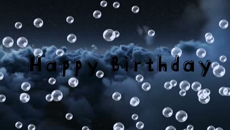 happy birthday text and bubbles floating against grey clouds in the sky