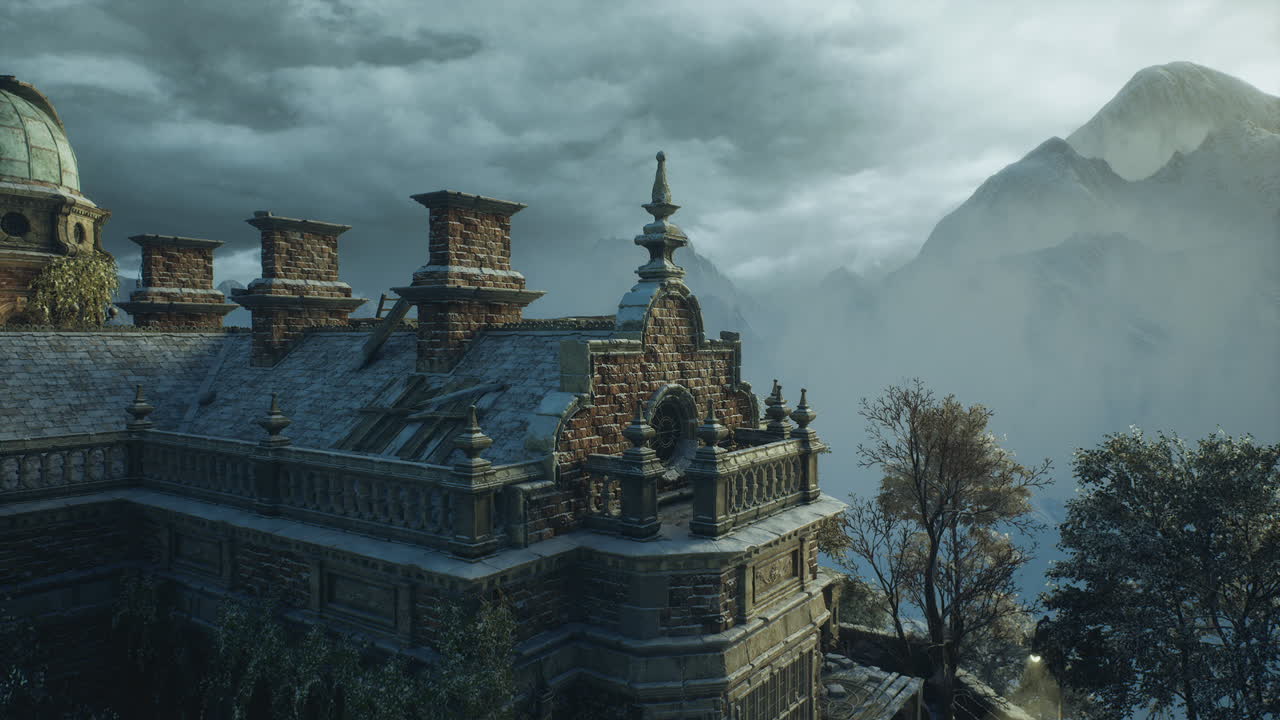 Mysterious castle ruins surrounded by mountains and cloudy skies