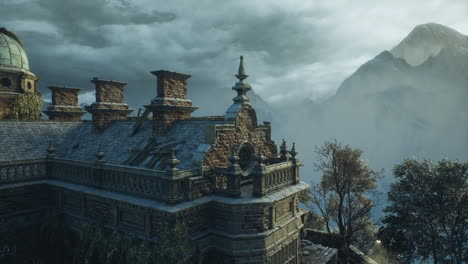 mysterious castle ruins surrounded by mountains and cloudy skies