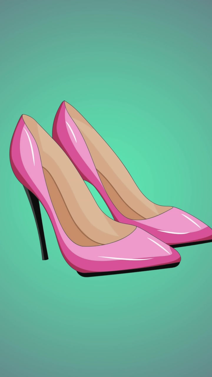 Animazione di scarpe rosa con tacchi alti su sfondo viola e blu