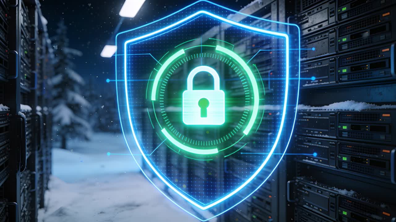 Vertical video: Pulsing shield showing green padlock over server row on boot, securing data