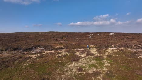 tracking drone shot, two hikers on wild moorland trail, sunny day