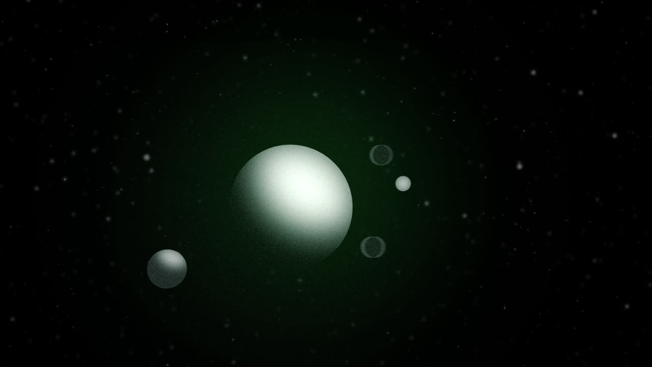 Pianeta sferico bianco che si muove nello spazio con 4 lune che orbitano attorno al suo asse e si avvicina davanti alla telecamera