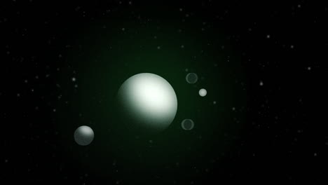 esfera de planeta blanco moviéndose en el espacio con 4 lunas orbitando alrededor de su eje y acercándose frente a la cámara