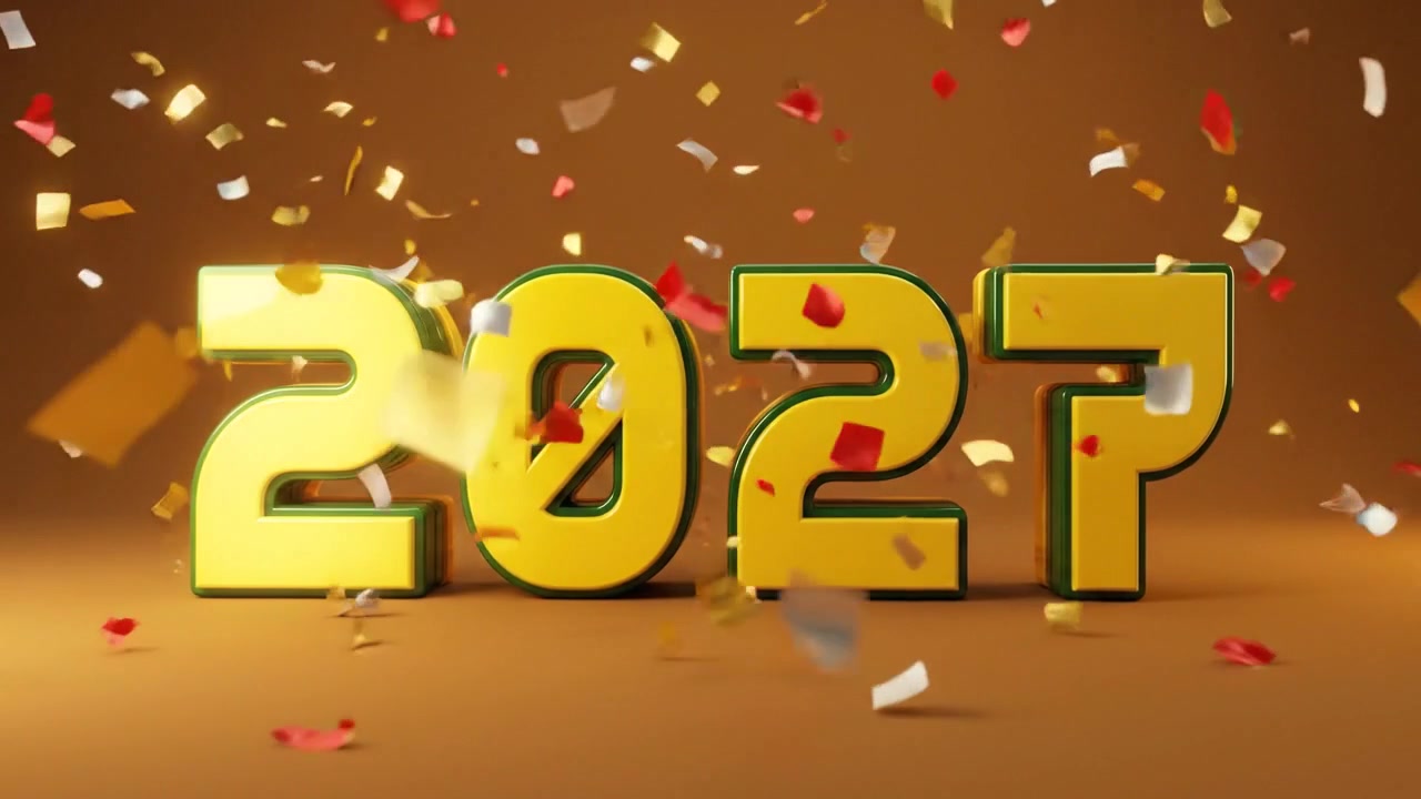 Animazione del numero 2027 di Capodanno con testo giallo in grassetto su sfondo scuro
