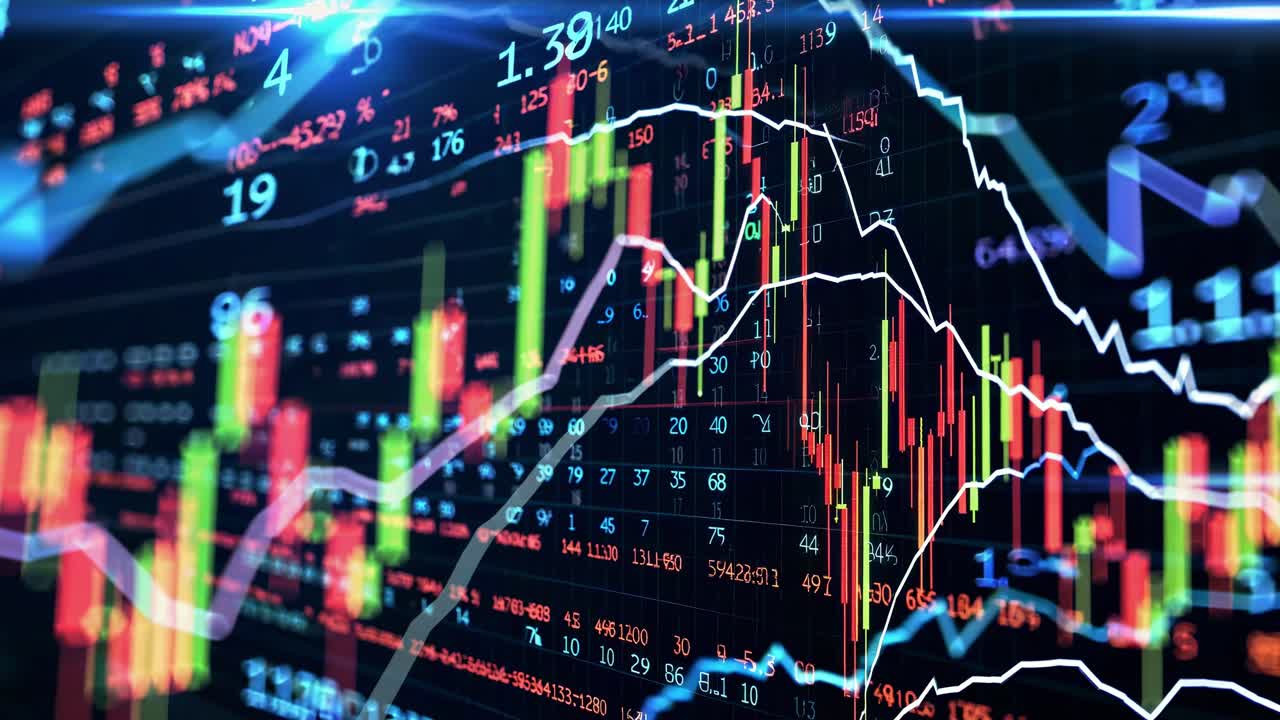 Dynamic video concept of fluctuating stock market graphs and data, captured from a high-angle view