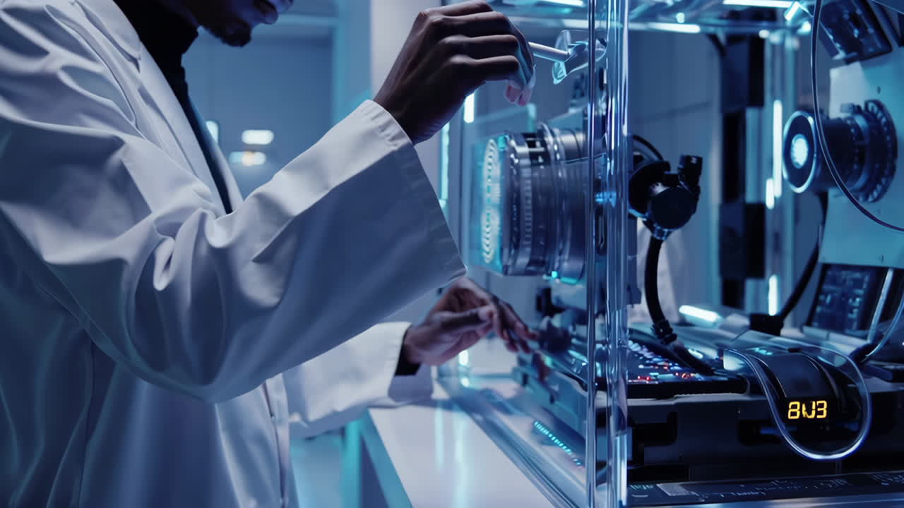 Scientist working with advanced computer equipment in a modern laboratory