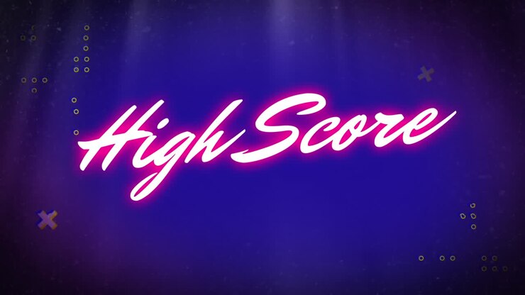 Animation of high score text over moving shapes on blue background