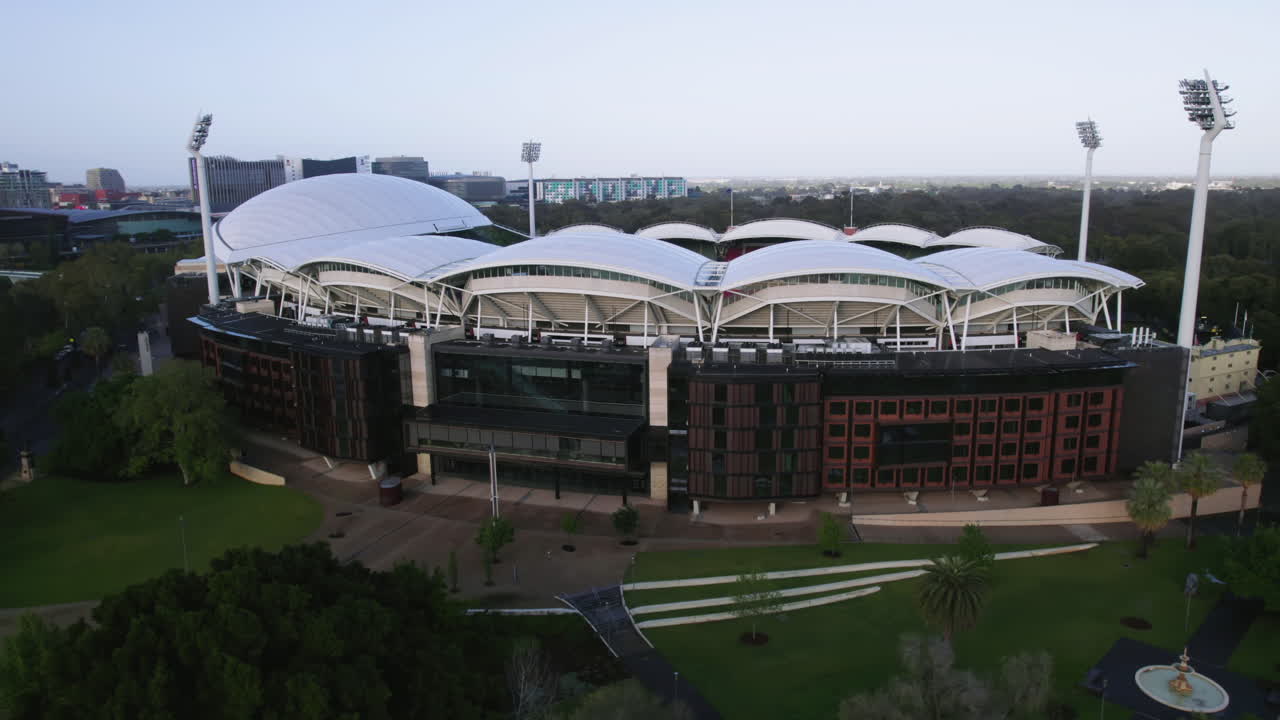 Aerial view around the Adelaide Oval stadium and hotel, in sunny South Australia