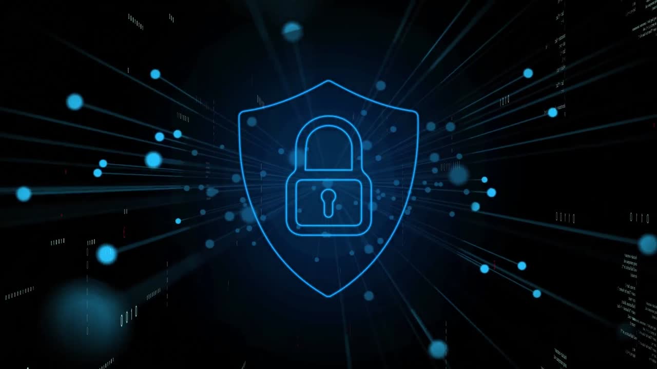 Animation of ai data processing over padlock and dark background