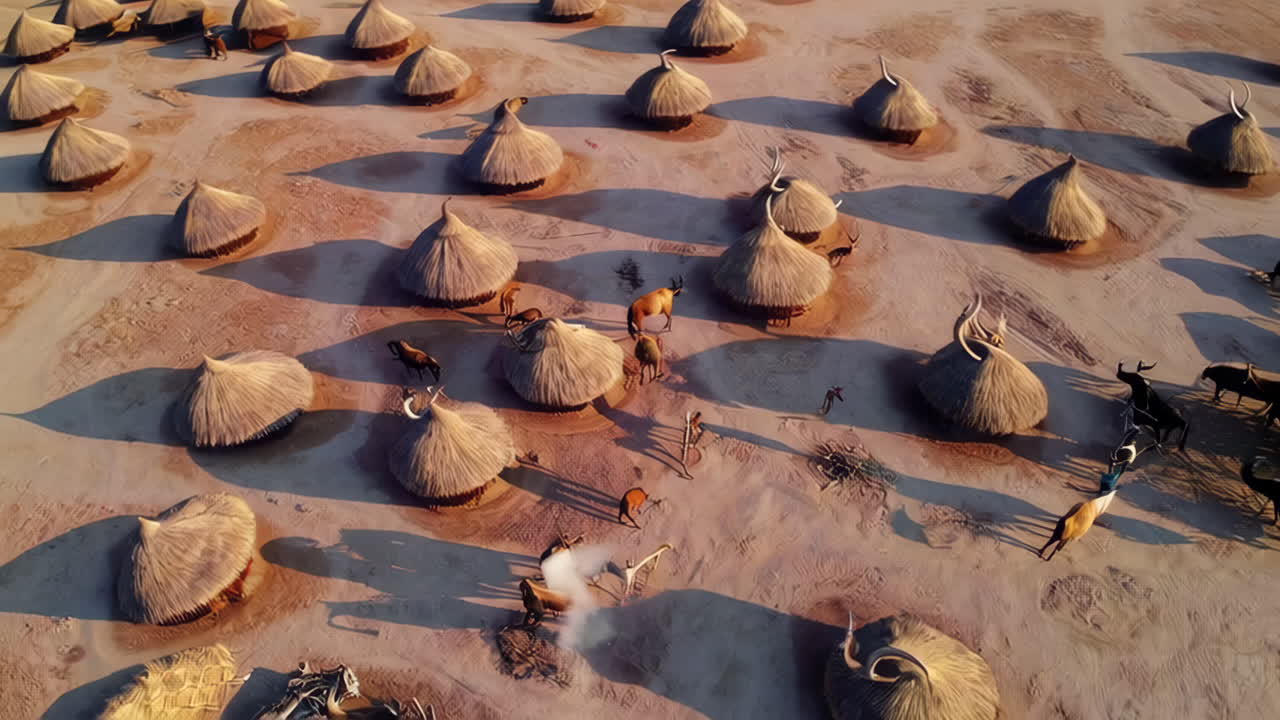 Aerial View of an African Village and Wildlife