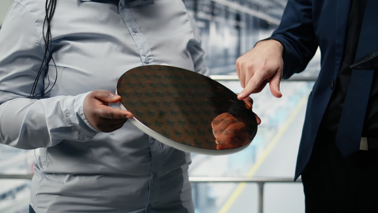 Responsabile di fabbrica di wafer di silicio e donna che sviluppano roadmap tecnologiche