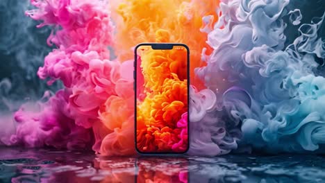vibrant smartphone display with colorful smoke background