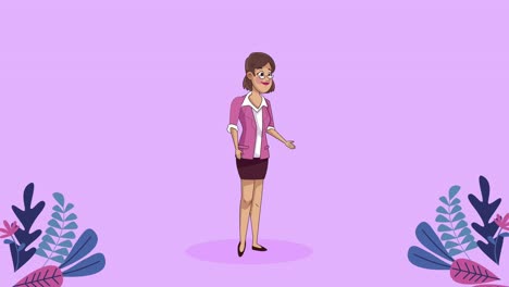 maestra linda con traje púrpura en el jardín