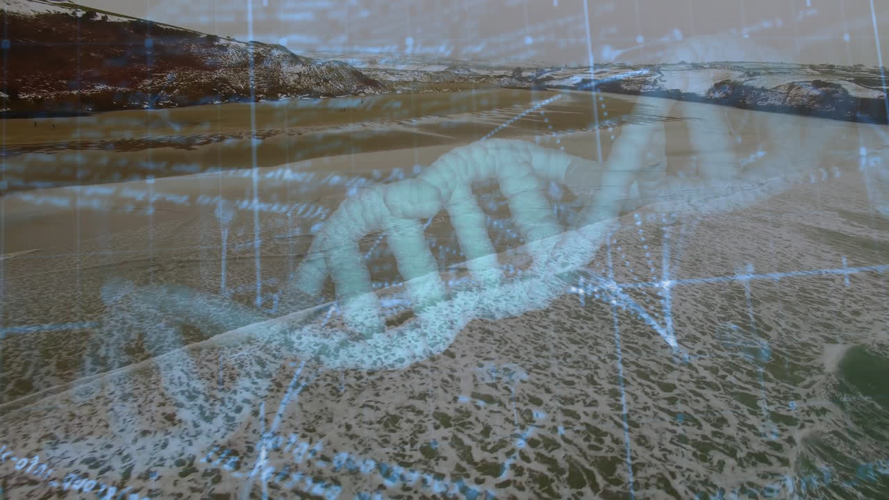 Animating DNA strand and binary coding over snowy landscape in digital concept