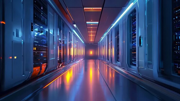 A long hallway in a futuristic space station with blue lights
