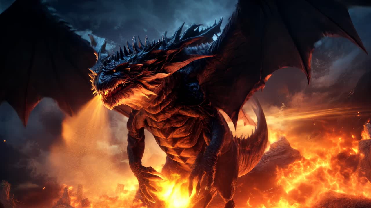 Epic fantasy scene of a dragon soaring over fiery lava, captured from a low-angle view