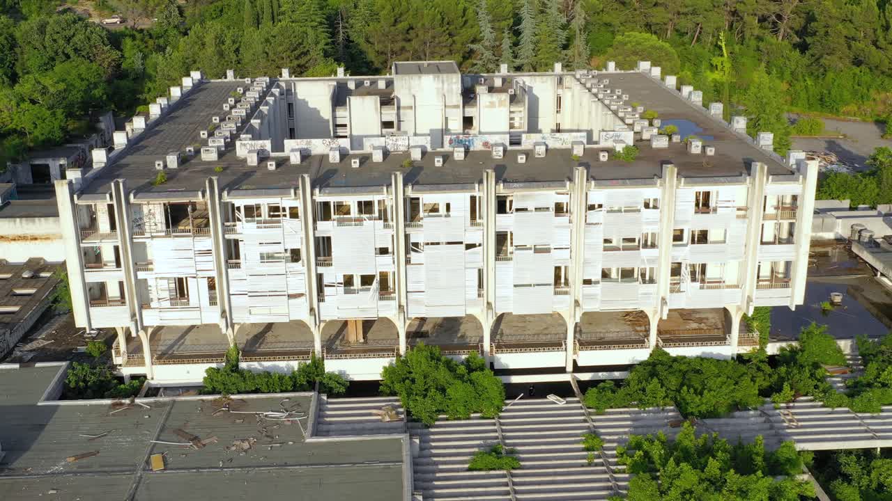 disintegrating facade and building Haludovo Palace Hotel Krk, Croatia. Aerial