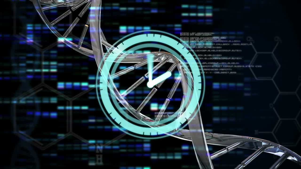 animazione di orologio digitale su elica di dna contro esagoni e barre su sfondo nero.