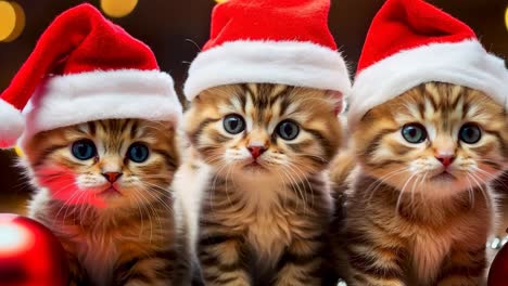 three kittens wearing santa hats sitting next to christmas ornaments
