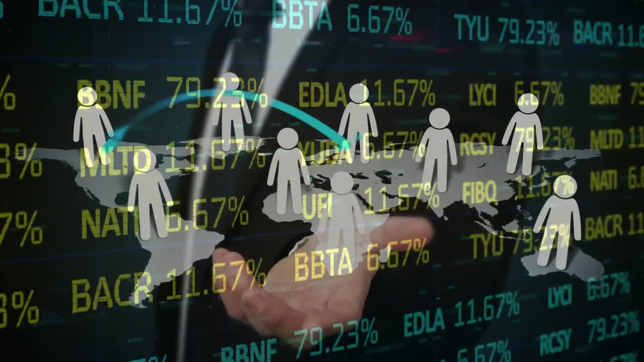 人のアイコン,矢印,金融データ処理を持つビジネスマンのアニメーション