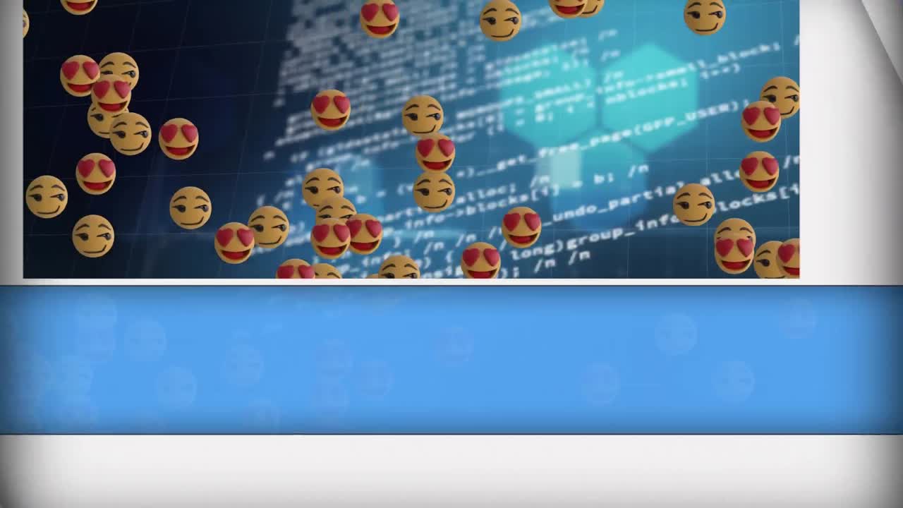 데이터 처리에 대항하여 여러 얼굴 이모티콘 위에 추상적인 파란 모양의 디지털 애니메이션