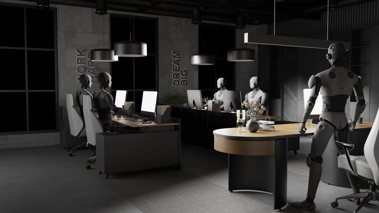 Grup of humanoid robots working at office desks with computers and yellow lamps in modern interior. Artificial intelligence and automation technology concept.