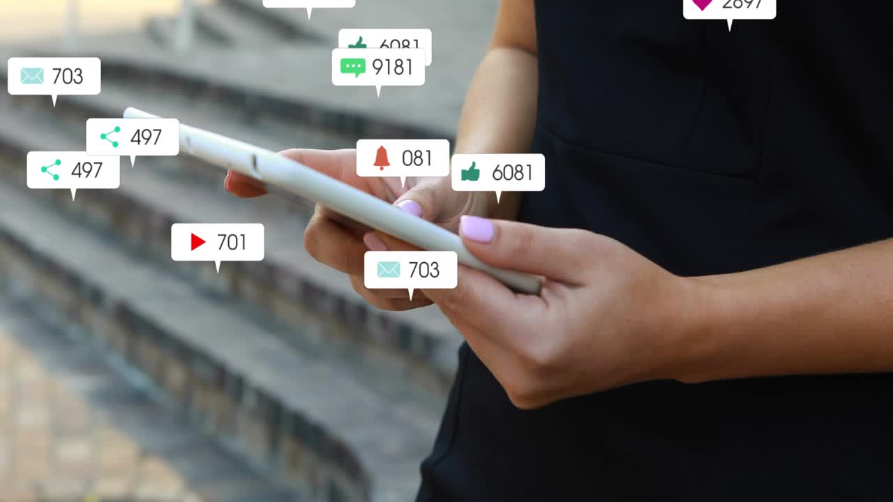 Woman tapping white tablet on stone steps, checking social feed with badges growing around tablet