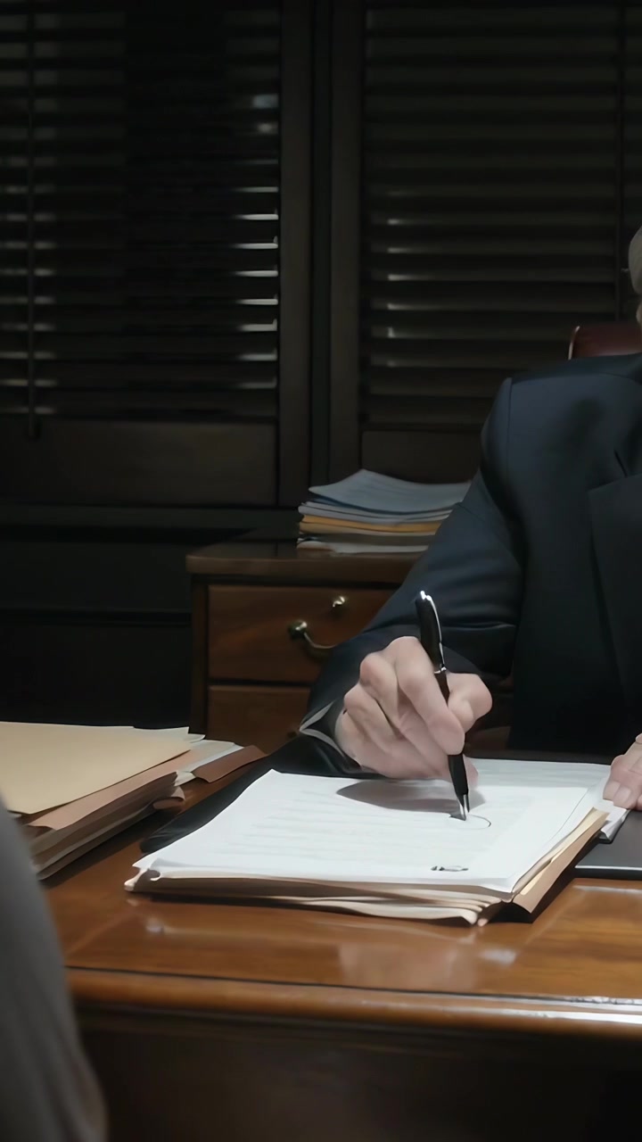 Video vertical: Escribiendo después de una pregunta, persona mayor con traje sosteniendo un bolígrafo, respondiendo en el escritorio, con espacio para texto.