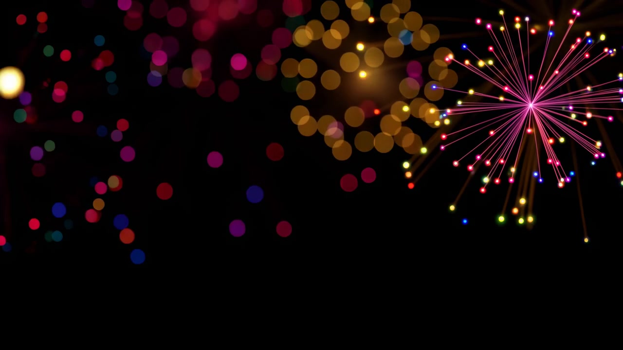 Luci decorative sfocate si espandono in un bagliore esterno, scintillii ambrati caldi e una morbida dispersione di colore attraverso uno spazio nero profondo, creando un contrasto festivo calmo, profondità e movimento, con effetto bokeh e luce
