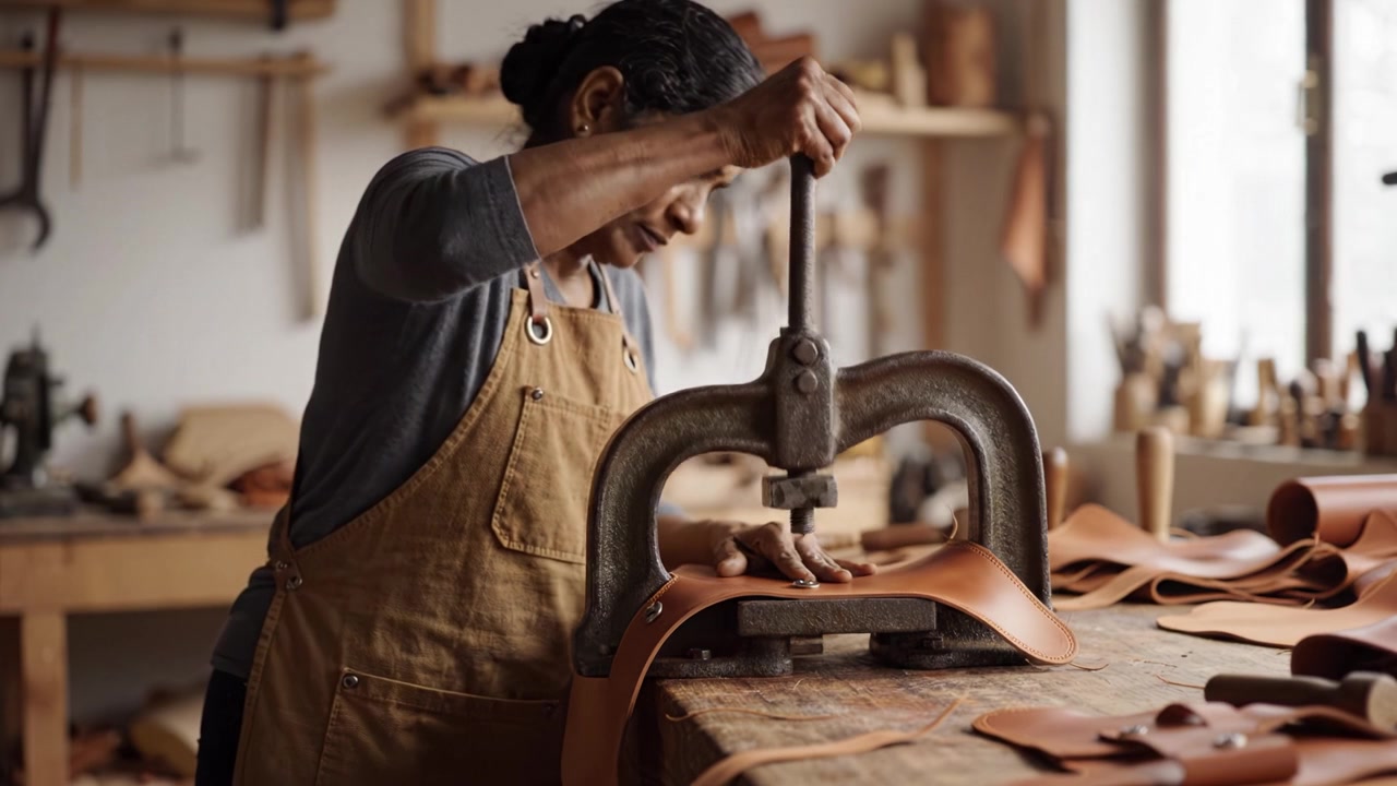 Craftswoman Skillfully Using a Leather Press to Shape Material in a Workshop Filled with Tools and Craft Supplies, Showcasing Expertise and Artisanal Technique
