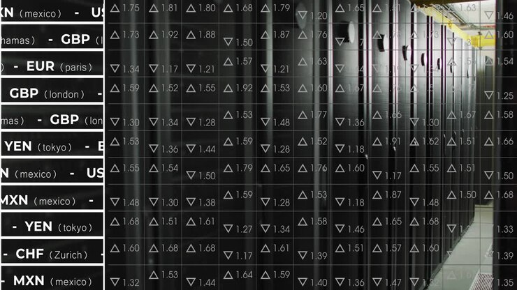 Animation of stock market over server room