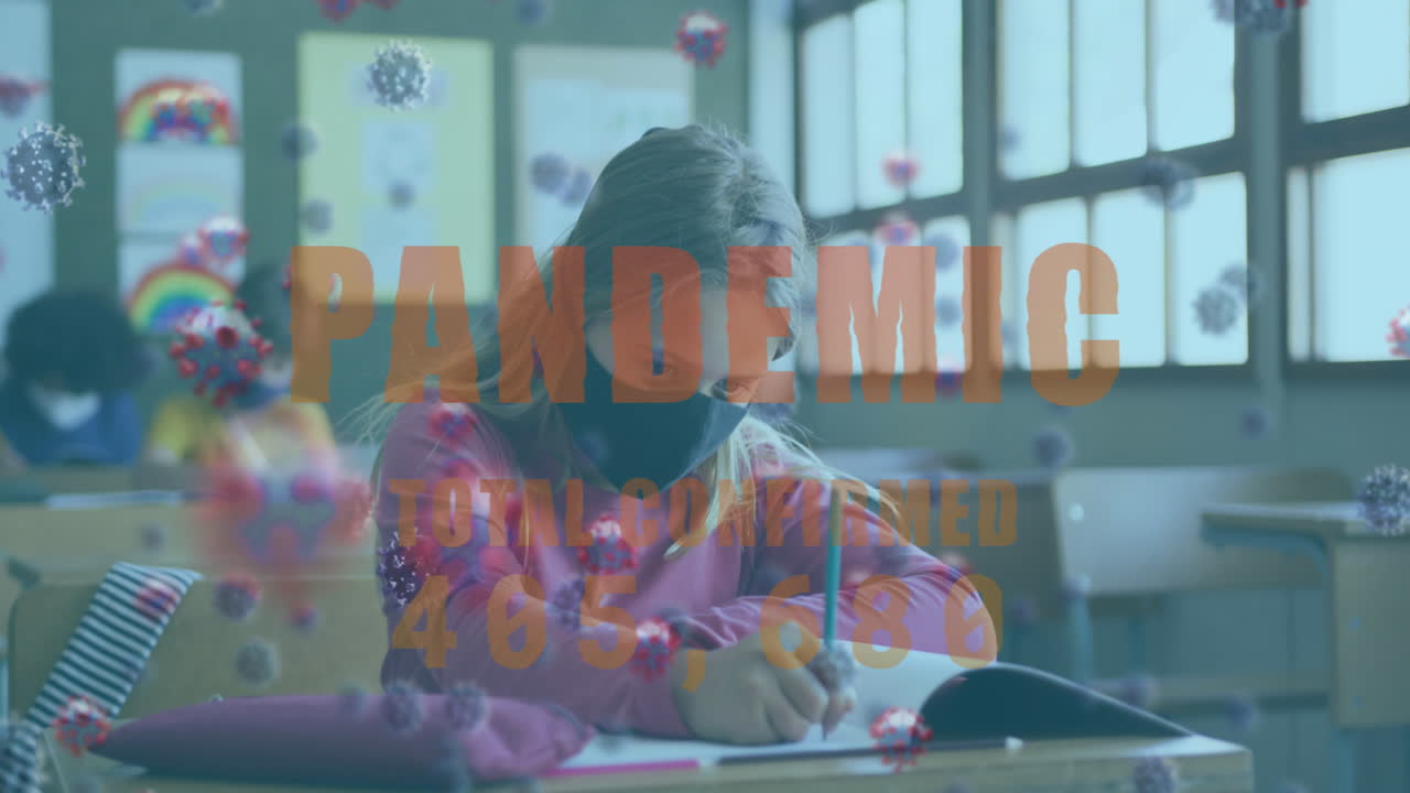 Pandemic text with increasing cases against school girl wearing face mask studying at school