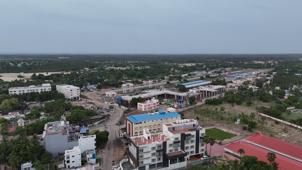 Aerial video of Rameshwaram railway station and tracks. Rameshwaram town