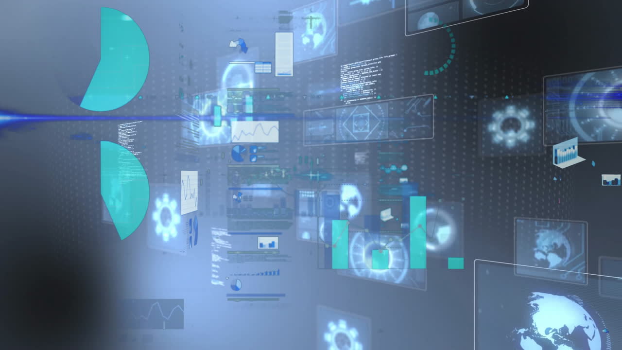 Animation of data charts and graphs on digital interface with abstract background