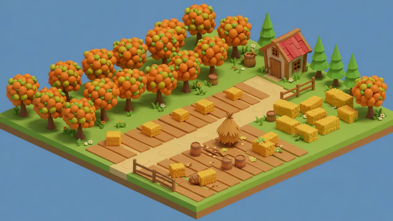 farm,trees,orange,cottage,hay,scene,3d,colorful,nature,playful,landscape,outdoors,rural,animation,design,field,harvest,bright,garden,wood,path,environment,seasonal,play,bales,art,textured,stylized,scenery,creative,cartoon,elements,friendly,whimsical,shapes,details,village,arrangement,colors,grass