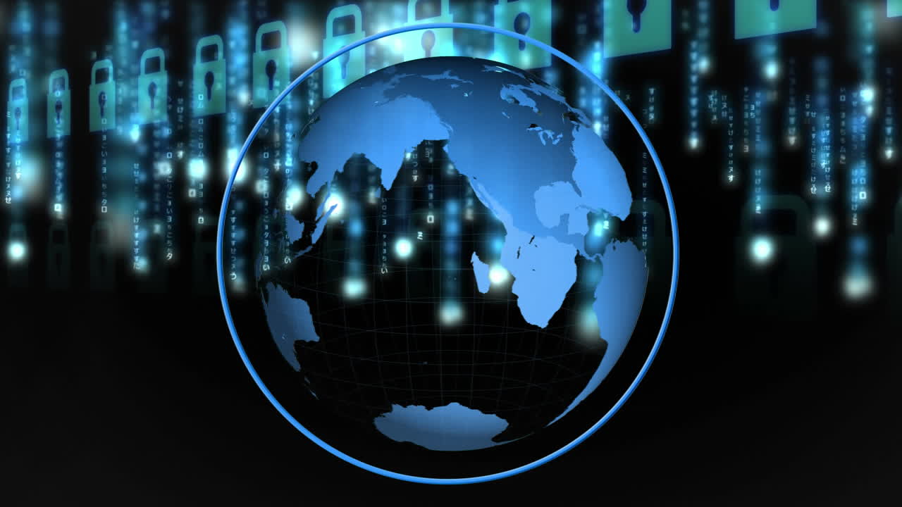 Animation of Globe spinning and moving padlocks in background