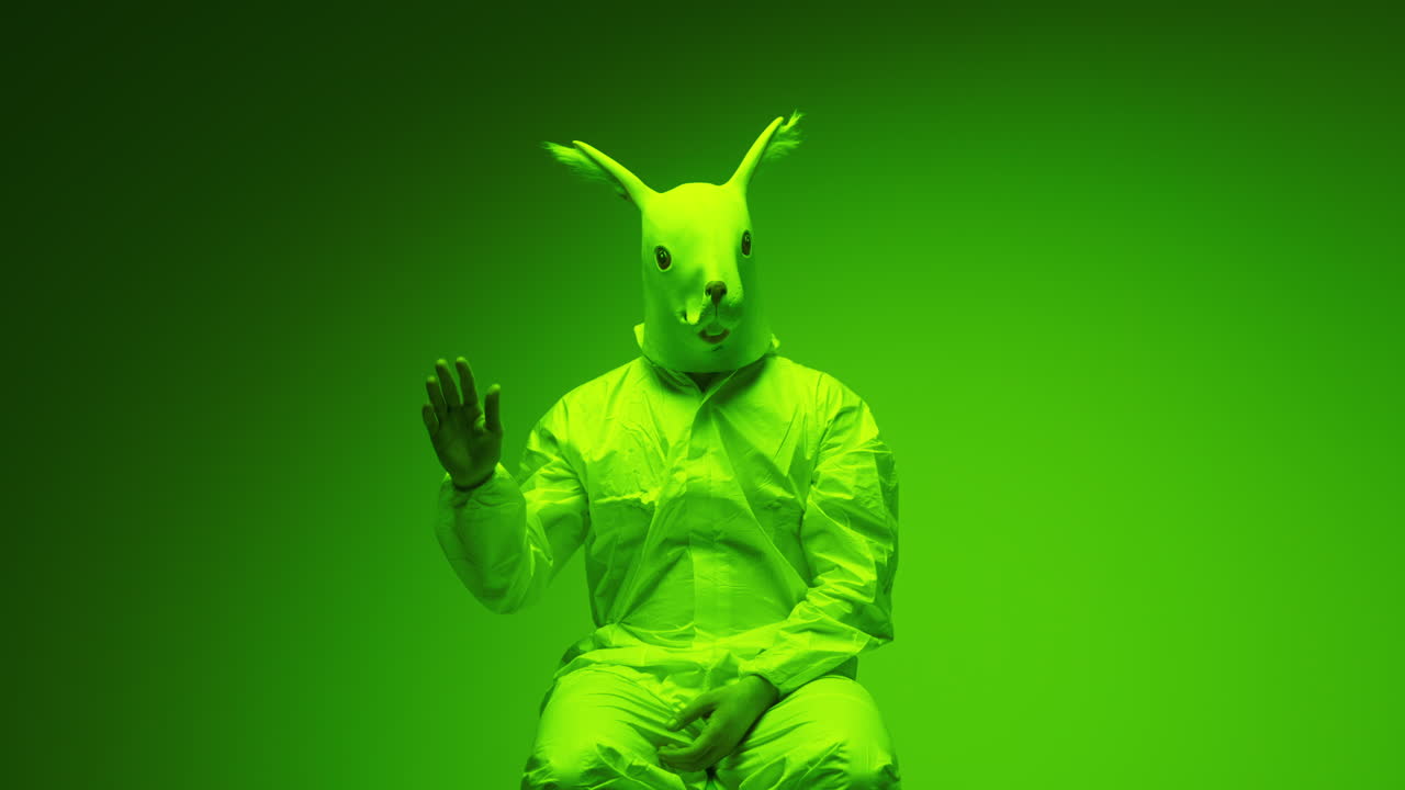 Person Wearing Squirrel Mask and Protective Suit in Green Studio