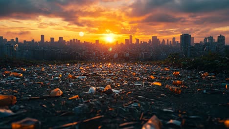 urban sunset reveals pollution and litter on city outskirts