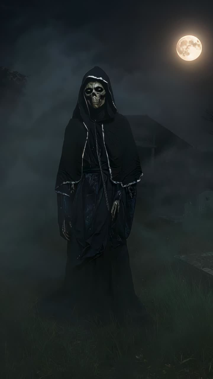 Vertical video: Rising mist urging cloaked figure turning head in cemetery, showing skull and moon