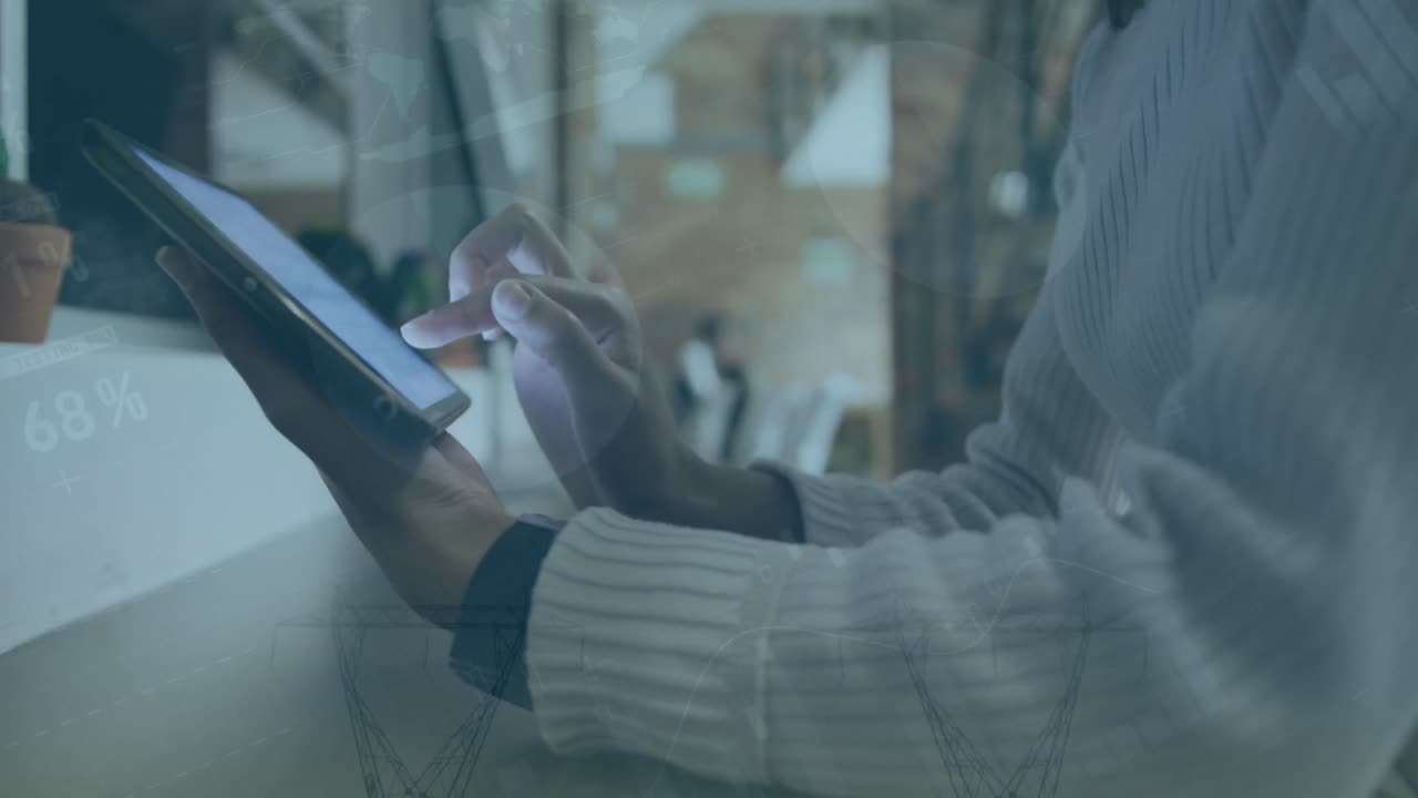 Animation of data processing over biracial businesswoman using tablet in office