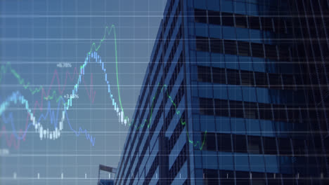 animation of financial data processing against low angle view of tall building against blue sky