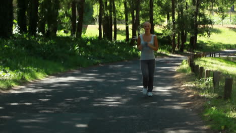 a woman jogs in the park and then is jogging on a main road afterwards