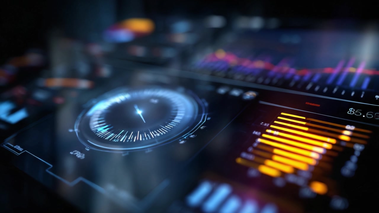 Futuristic Digital Dashboard Displays with Graphs, Data Metrics, and Dynamic Visualizations for Advanced Analytics and Monitoring in a High-Tech Environment