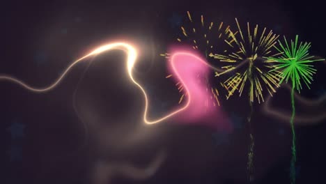 animación de fuegos artificiales sobre fondo negro con luces rosadas y amarillas