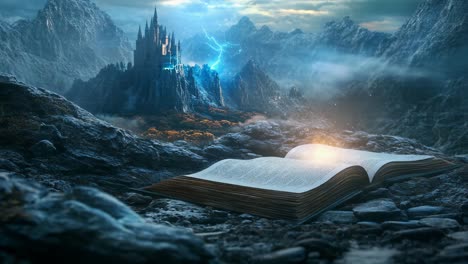 fantasy castle in a mountainous landscape with an open book