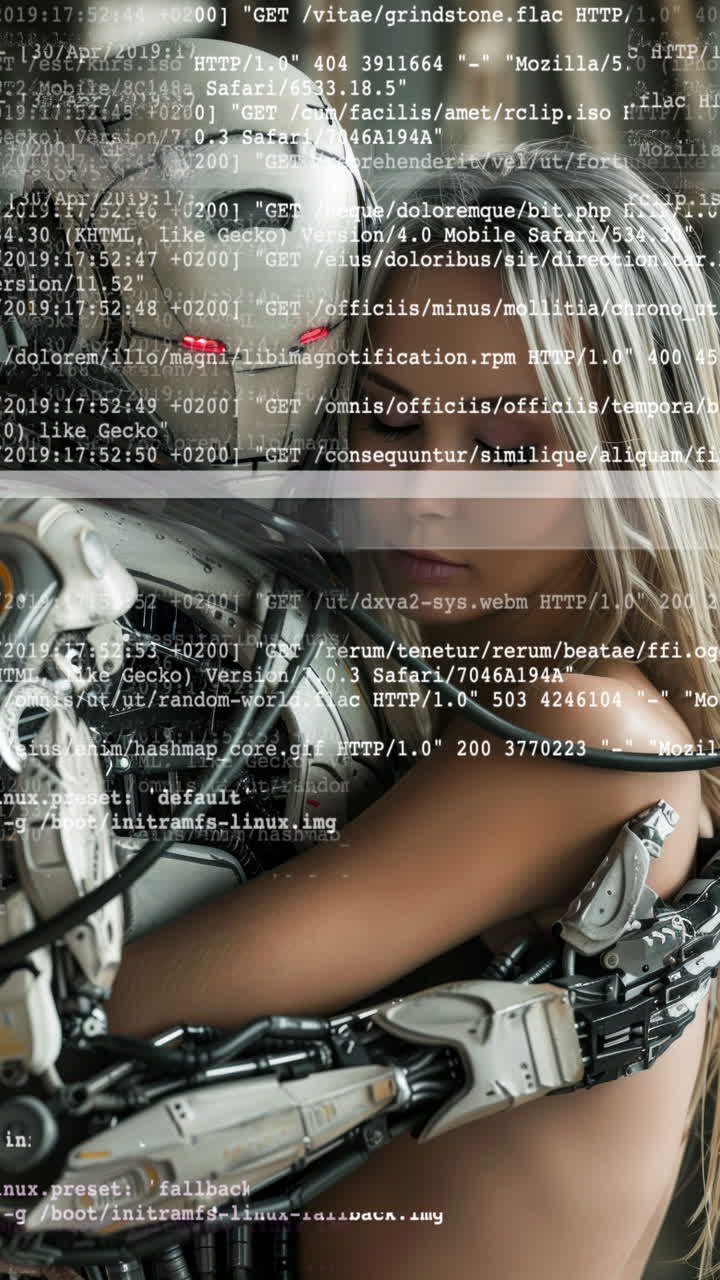 Robot cyborg femminili che si abbracciano e sono innamorati, realizzati con IA generativa